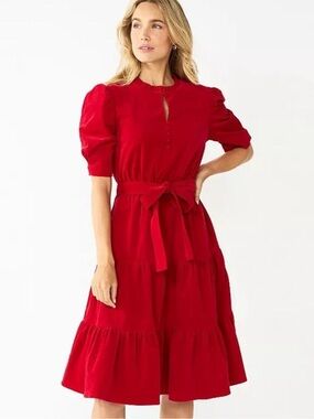 DRAPER JAMES RSVP | Red Corduroy Tiered Belted Dress | M